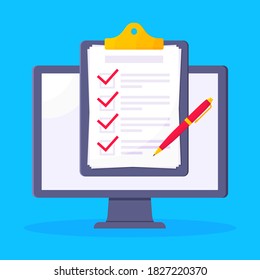 Eine vollständige Checkliste mit Häkchen, die über der Vektorgrafik des Computerbildschirms angekreuzt sind. Technologiekonzept einer Online-Umfrage einzeln auf blauem Hintergrund.