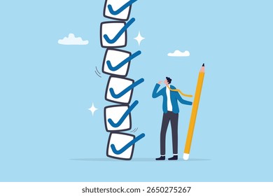 Lista de verificação completa, lista de tarefas correta ou de aprovação, conformidade de produtividade ou eficiência, perfeito realizar ou conceito de tarefa concluída, lápis de espera do empresário todas as tarefas concluídas da lista de verificação.