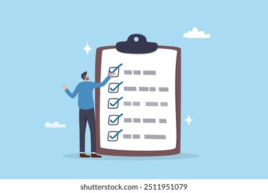 Complete checklist or finishing checkbox, task done within deadline, complete tasks list or project, approval or achievement concept, businessman put tick on complete checklist on paper clipboard.