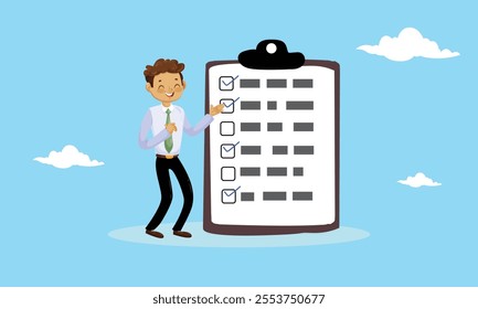  Complete checklist or finishing checkbox, task done within deadline, complete tasks list or project, approval or achievement concept, businessman put tick on complete checklist on paper clipboard.