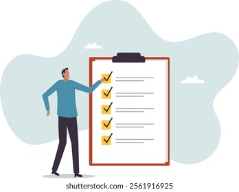 Complete checklist or finishing checkbox, task done within deadline, complete tasks list or project,business concept.flat character.