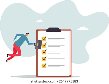 Complete checklist or finishing checkbox, task done within deadline, complete tasks list or project,business concept.people concept.