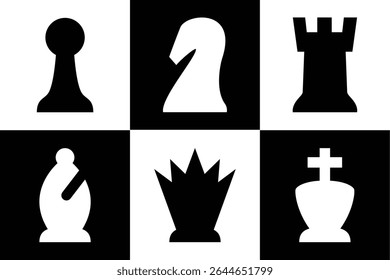 Complete chess pieces icon set include king, queen, bishop, knight, rook, pawn. Top down view for digital view. Modern simple rounded design
