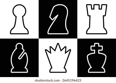 Complete chess pieces icon set include king, queen, bishop, knight, rook, pawn. Top down view for digital view. Modern simple rounded design