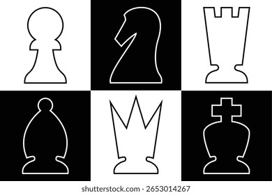 Complete chess pieces icon set include king, queen, bishop, knight, rook, pawn. Top down view for digital view. Modern simple rounded design