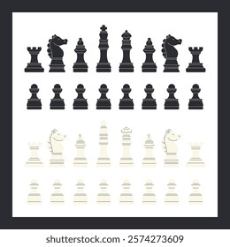 Complete chess set: black and white pieces including king, queen, rook, knight, bishop, and pawns. Modern and minimal chess art illustration.