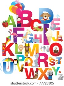 The complete childrens english alphabet spelt out with different fun cartoon animals and toys
