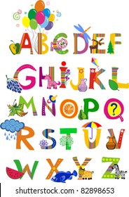 The complete childrens english alphabet spelt out with different fun cartoon animals and toys. ABC.  Alphabet design in a colorful style.