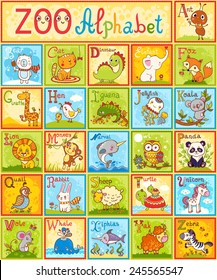  The complete children's english animal alphabet spelt out with different fun cartoon animals. ABC. Zoo alphabet design in a colorful style.