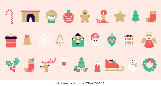 Complete Christmas collection, vector icons and pictograms: Santa Claus, tree, reindeer, sleigh, gifts, decoration, snowflake, snowman, shortbread, star, angel. Merry Christmas Illustration