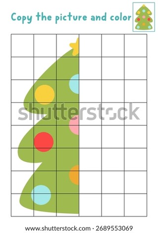 Complete the Christmas tree. Vector symmetrical drawing practice worksheet. Printable New Year coloring activity for kids. Copy the picture game with traditional winter holiday symbol
