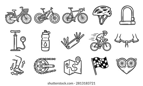 Complete collection of bicycle themed doodle icons including city bike mountain bike racing bike helmet u lock pump water bottle multi tool rider map route checkered flag heart wheel design cycling accessories equipment for professional and hobbyist bike riders.