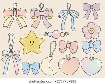 A complete collection bundle of kawaii pastel charms featuring a smiling star, crescent moon, heart, and various ribbon bows. This illustration set is perfect for accessory designers and digital planner stickers