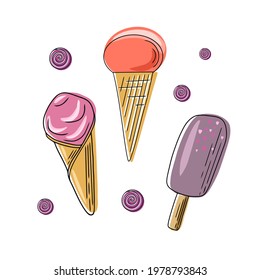 Complete collection of cartoon summer delicious ice cream in flat style. Vector illustration. Bright summer poster with sweet food. Collection of scrapbooking elements for summer party.
