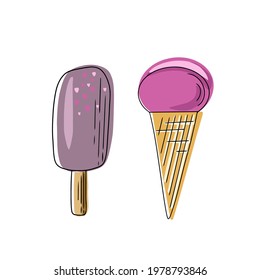 Complete collection of cartoon summer delicious ice cream in flat style. Vector illustration. Bright summer poster with sweet food. Collection of scrapbooking elements for summer party.