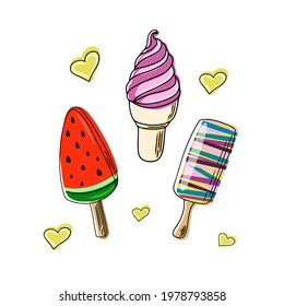 Complete collection of cartoon summer delicious ice cream in flat style. Vector illustration. Bright summer poster with sweet food. Collection of scrapbooking elements for summer party.