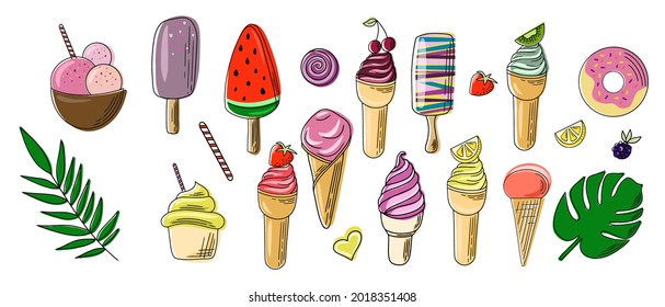 Colección completa de dibujos animados verano deliciosos helados de estilo plano. Ilustración vectorial. Afiche de verano brillante con comida dulce. Colección de elementos de reserva de recortes para la fiesta de verano.