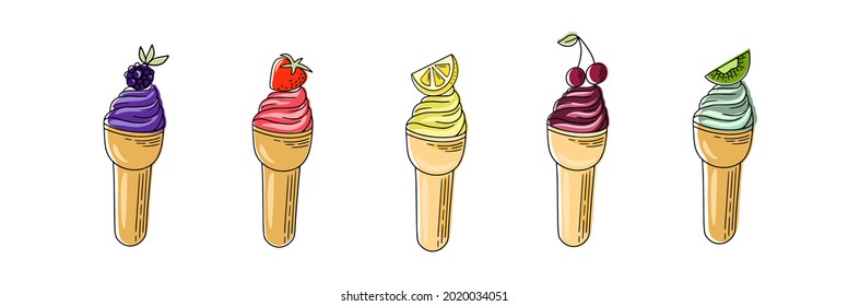Complete collection of cartoon summer delicious ice cream in flat style. Vector illustration. Bright summer poster with sweet food. Collection of scrapbooking elements for summer party.