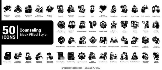 Complete collection of Counseling icons Black Filled style.