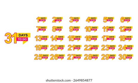 Complete collection of "Days To Go" countdown labels, numbers 1 to 31. Modern yellow and pink banner set for event promotion, sales timers, and marketing deadlines.