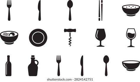 Complete collection of dinnerware icons including bowls plates cutlery and wine bottles for professional food service and dining table settings.