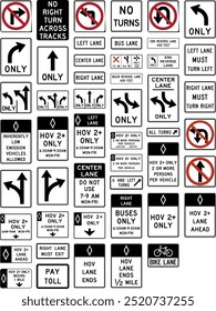 Complete Collection of Directional and Lane Control Road Signs: No Turns, U-Turns, Lane Use, HOV, and Preferential Lanes for Traffic Guidance and Safety, Road signs in the United States.