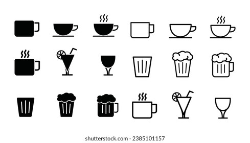 A complete collection of drink icons for glasses, cups, bottles in flat and outline form, icons for social media business needs and others. icon vector illustration