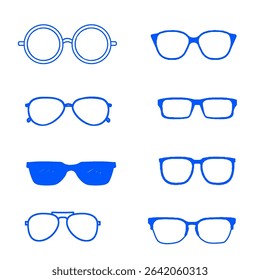The complete collection of eyeglasses and sunglasses Design Set Eyeglasses or Sunglasses features a variety of shapes and styles, including heart-shaped frames.