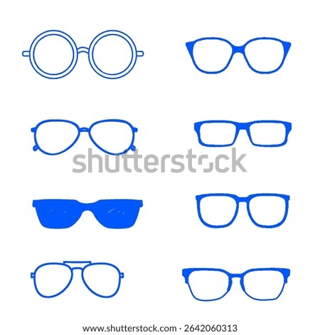 The complete collection of eyeglasses and sunglasses Design Set Eyeglasses or Sunglasses features a variety of shapes and styles, including heart-shaped frames.