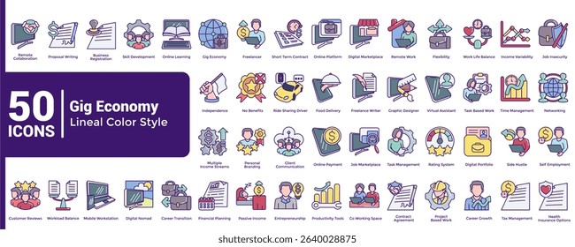 Complete collection of Gig Economy icons Lineal Color style.