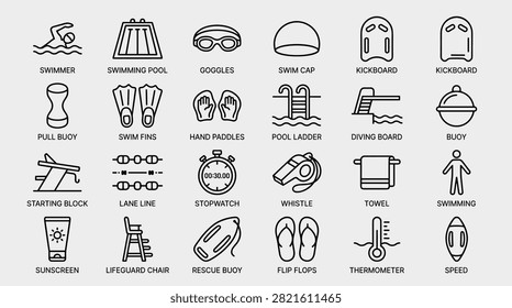 Complete collection of line style icons for swimming pool equipment including rescue safety gear racing training accessories and leisure pool items designed for athletic center branding aquatic facility signage and swimming instructional materials.