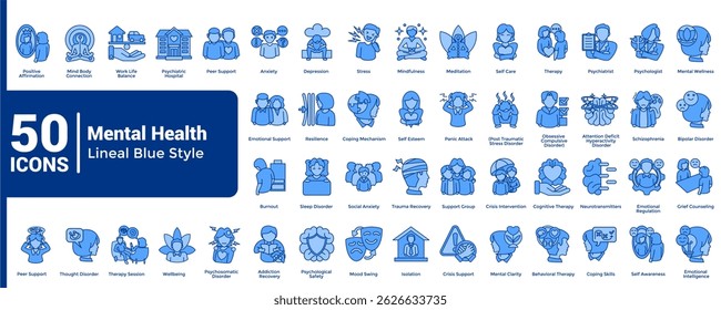 Complete collection of Mental Health icons Blue style.
