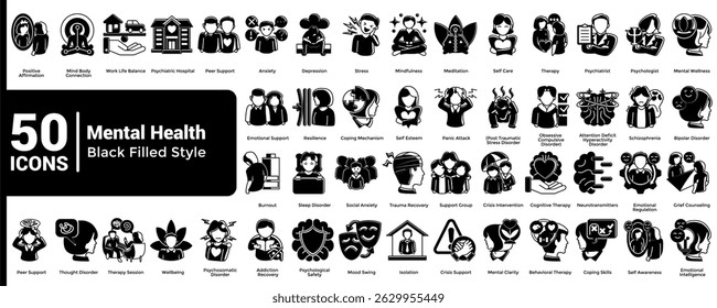 Complete collection of Mental Health icons Black Filled style.