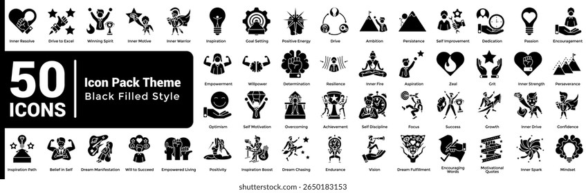 Complete collection of Motivation icons Black Filled style.