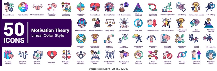 Complete collection of Motivation Theory icons Lineal Color style.