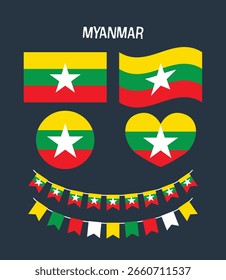 Una colección completa de banderas nacionales de Myanmar en varias Formas y estilos. Ideal para proyectos culturales, educativos y de diseño con temas del sudeste asiático.