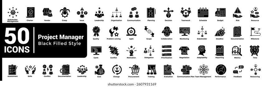 Complete collection of Project Manager icons Black Filled style.