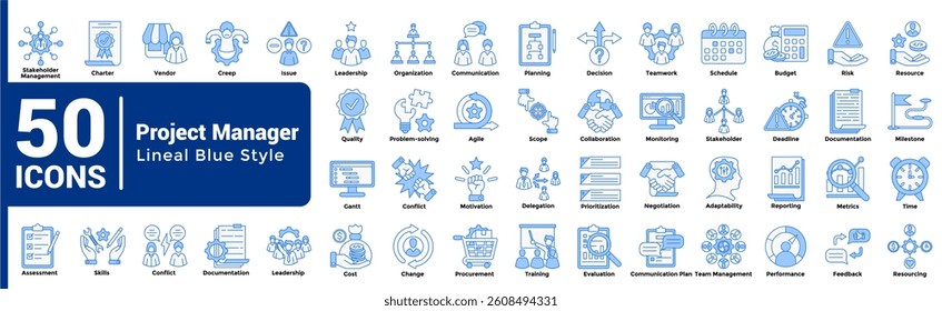 Complete collection of Project Manager icons Blue style.