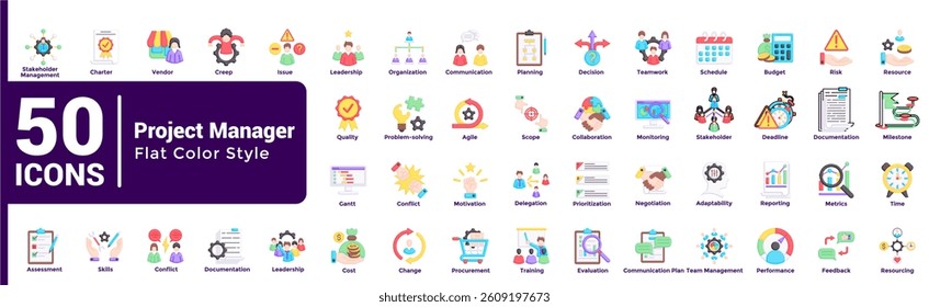 Complete collection of Project Manager icons Flat style.