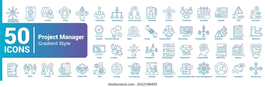 Complete collection of Project Manager icons Gradient Fill style.
