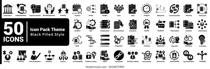 Complete collection of Projects icons Black Filled style.