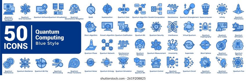 Complete collection of Quantum Computing icons Blue style.