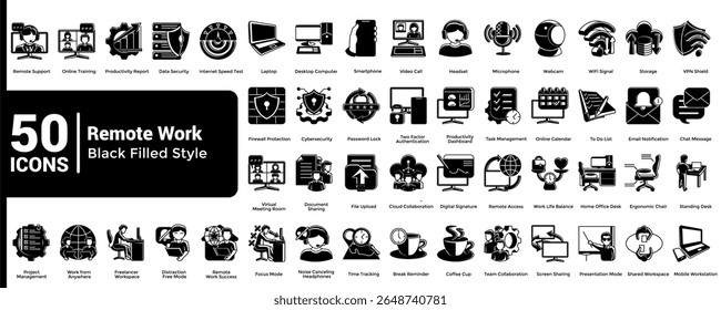 Complete collection of Remote Work icons Black Filled style.