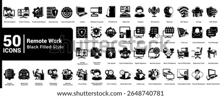 Complete collection of Remote Work icons Black Filled style.