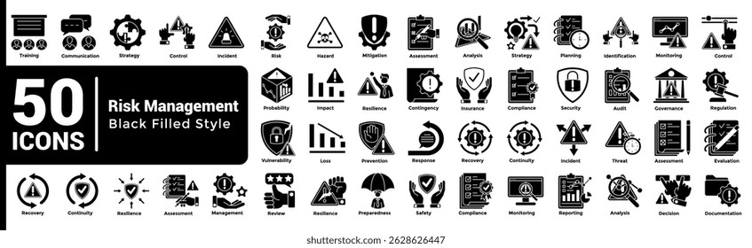 Colección completa de los iconos de gestión de riesgos Estilo relleno negro.