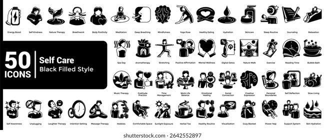 Complete collection of Self Care icons Black Filled style.