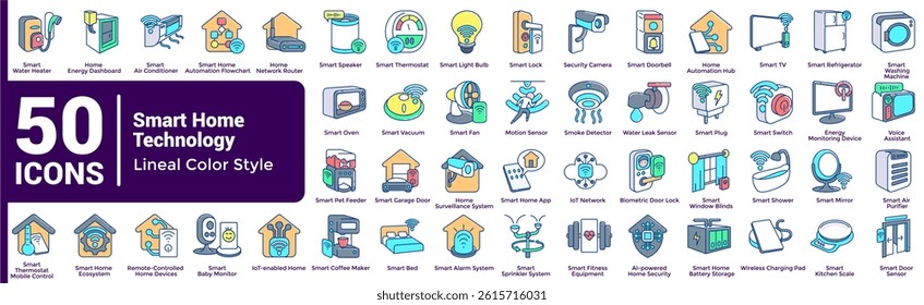 Complete collection of Smart Home Technology icons Lineal Color style.