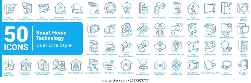 Complete collection of Smart Home Technology icons Dual Line style.