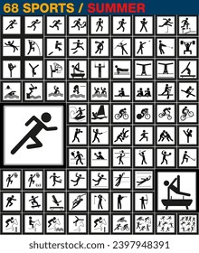 A complete collection of sports icons or pictograms, for signaling all competitions practiced in summer.