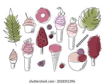 Complete collection of summer watercolor ice cream delicious in flat style. Vector illustration. Bright summer poster with sweet food. Collection of scrapbooking elements for summer party.